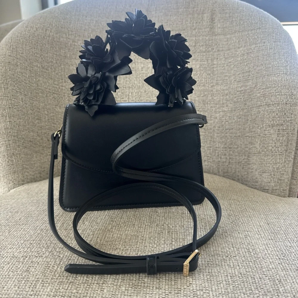 Zara Black Floral-Handle Top-Handle Satchel